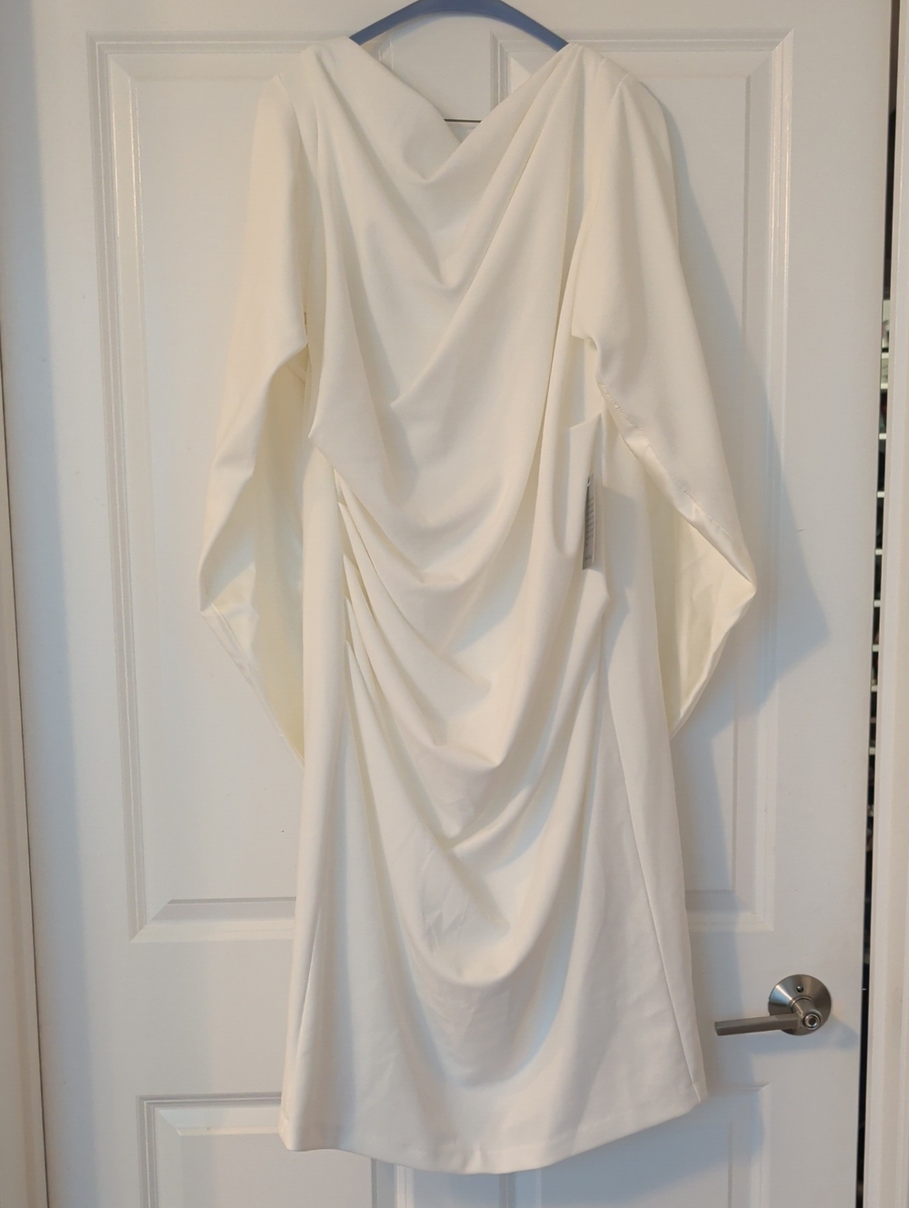 Elegant White Draped Midi Dress with Graceful Back Detail